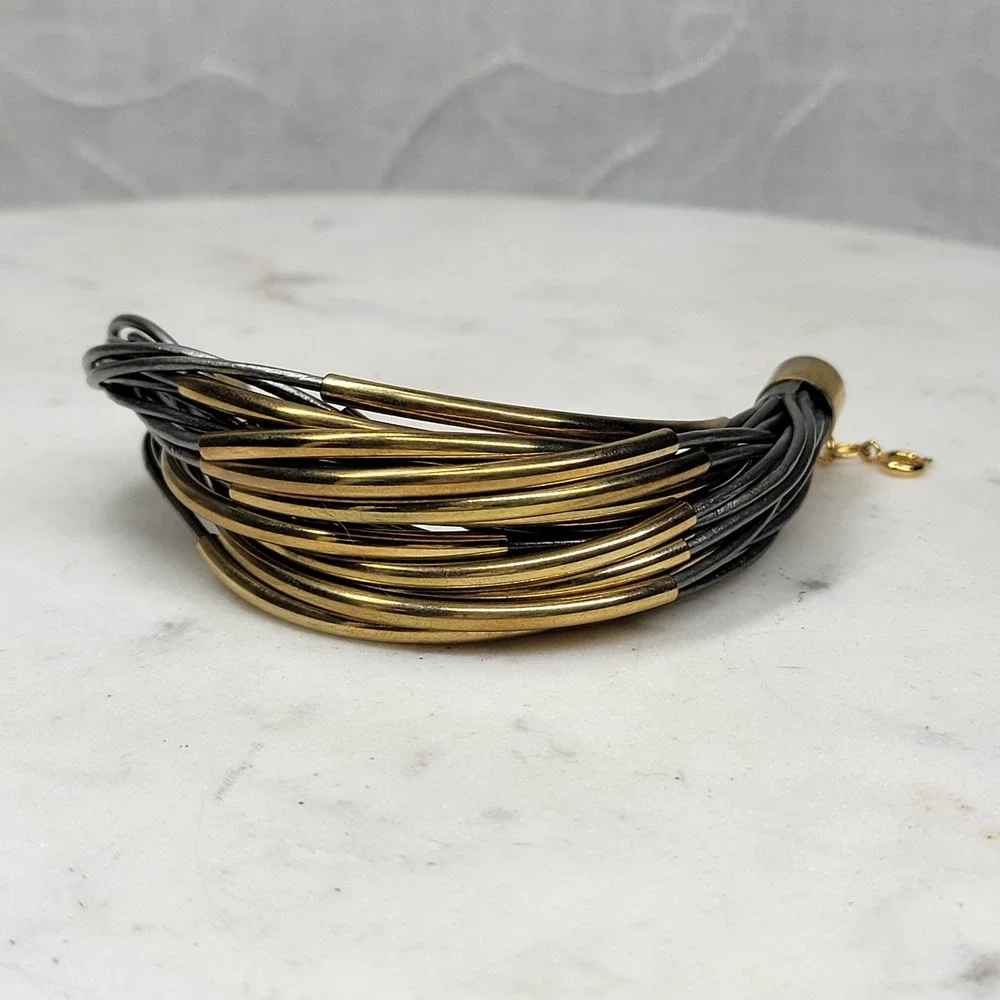 Vintage Multi Strand Leather Band Tube Bracelet Gold Copper Statement 80's